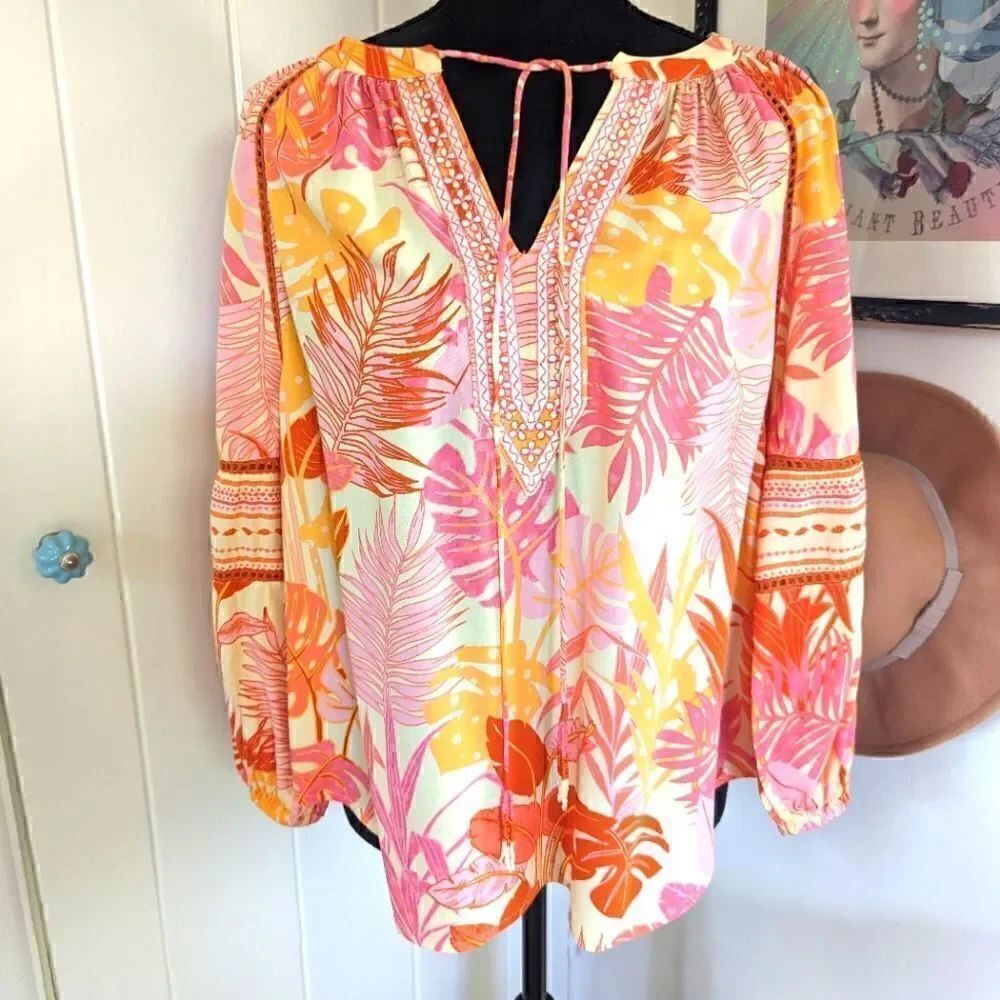 Haute Hippie Top MD Jeweled Peasant Boho Eclectic Grandma Cottagecore Floral